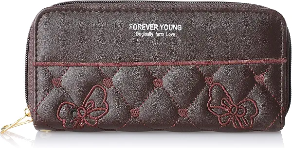 سعر ومواصفات accessories shop Faux Leather Bifold Wallet Composed Of Two Zipper Pocket With Leather Hand Strap And Business Card Pockets Engraved With Bow Shaped Design Suitable For Women - Dark Brown (B0D1P2PZ8M) على Amazon EG