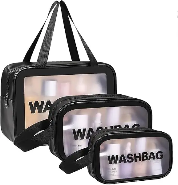 سعر ومواصفات Achievers 3 Pieces Clear Cosmetic Bag - Travel Cosmetic Bag for Women and Girls - Travel Makeup Bag - PVC Small Toiletry Bags - Waterproof Cosmetic Wash Bag Zipper Makeup Bag for Women (Black) (B0DW45ZFW6) على Amazon EG