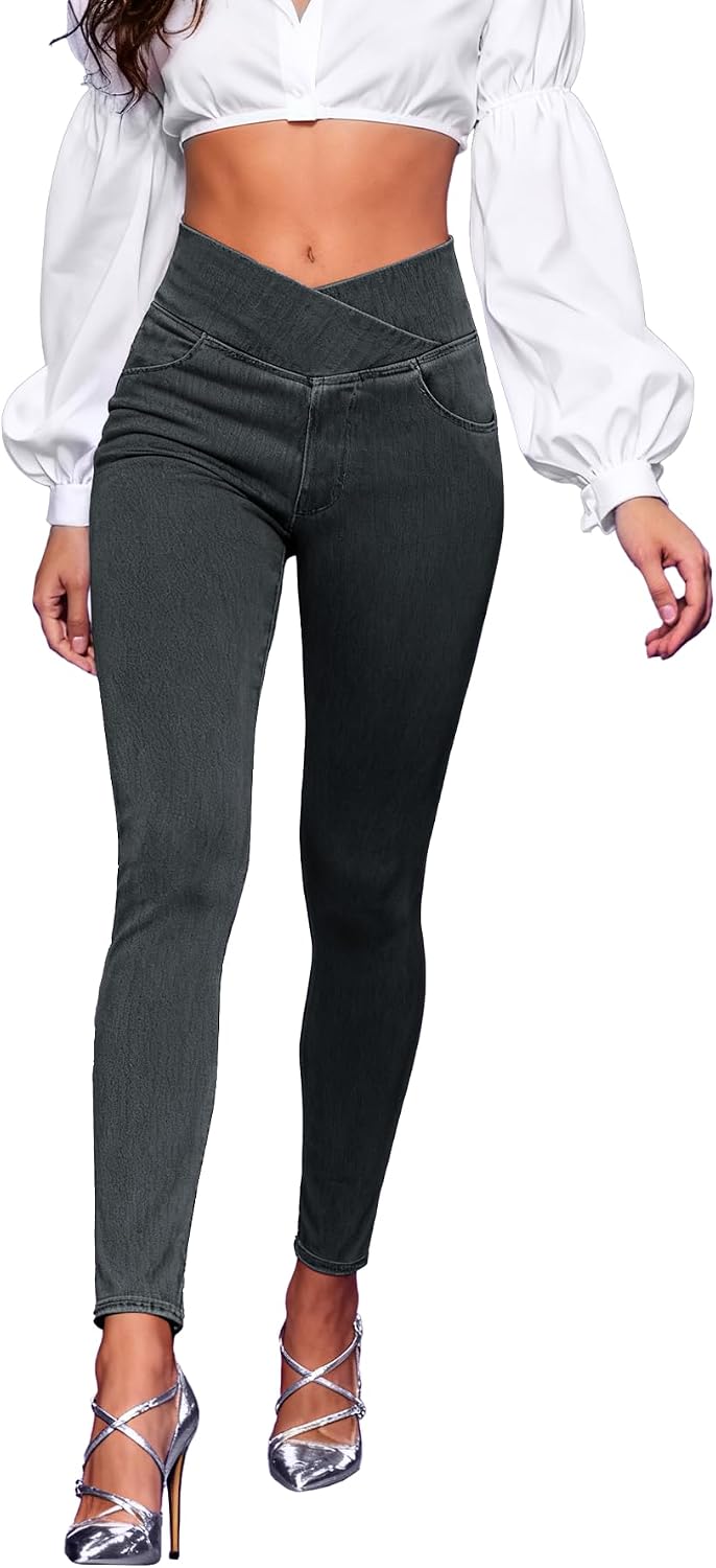 سعر ومواصفات AIMILIA Crossover Jeggings for Women Tummy Control High Waist Pull On Stretchy Jeans Denim Leggings with Pockets Slimming (B0FH4F736M) على Amazon EG