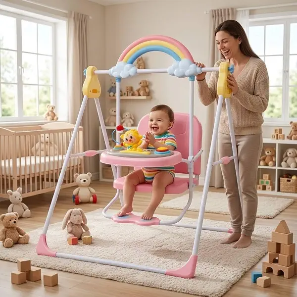 سعر ومواصفات Baby Swing for Indoor and Outdoor with Interactive Activity Tray and Decorative Top Arch for Toddlers. By Happy Kiddo (B0HPB6TD5W) على Amazon EG