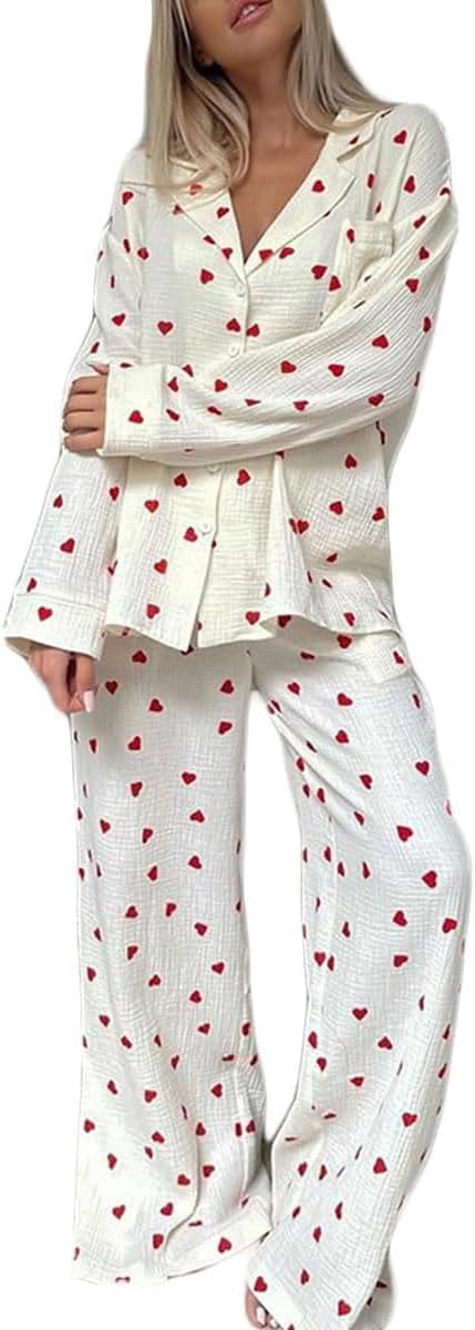 سعر ومواصفات codcm Womens Pajama Sets Cotton Pj Set Cute Heart Print Long Sleeve Button Down Shirt With Long Pants (B0CQSRSXTM) على Amazon EG
