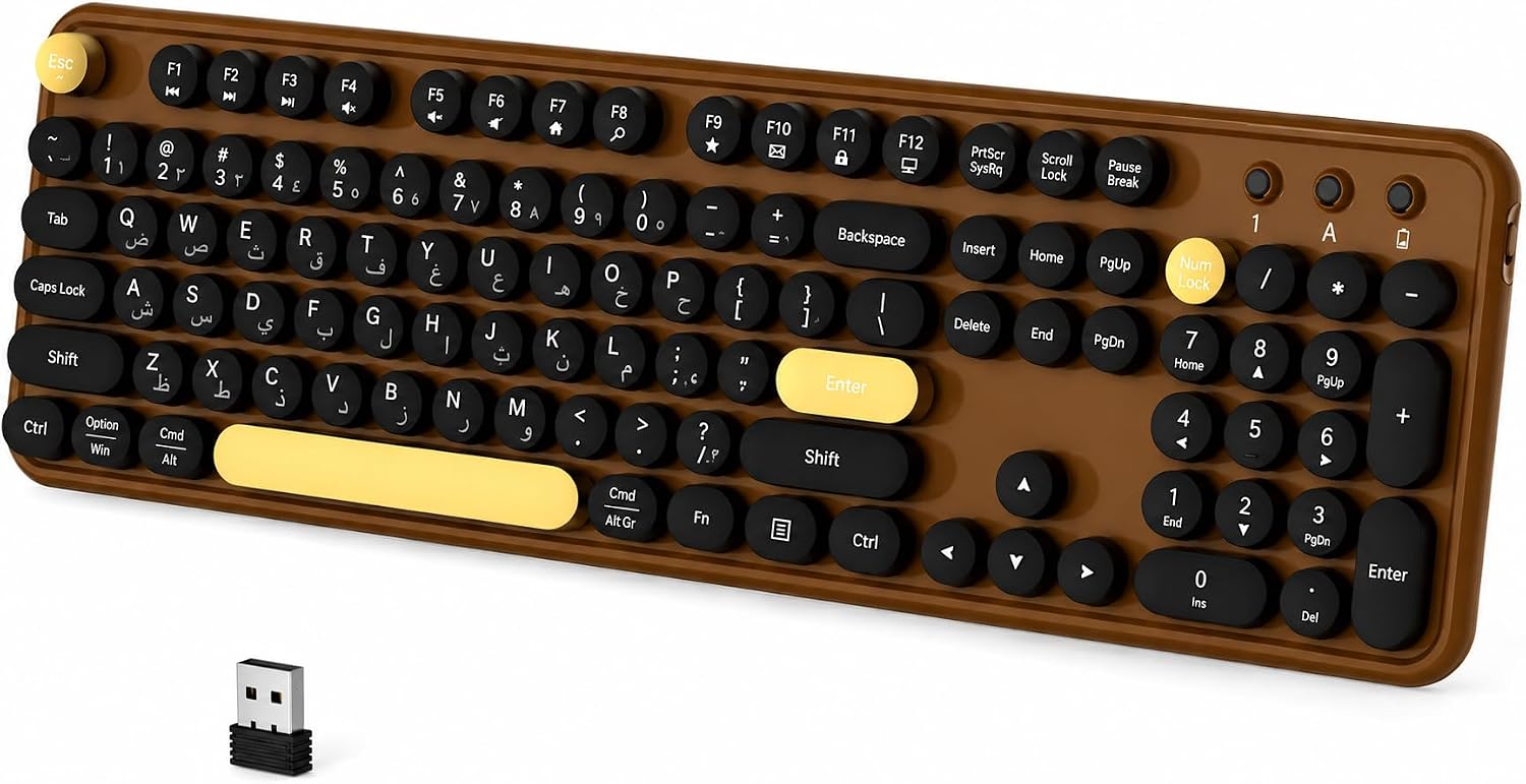 سعر ومواصفات Colorful Wireless Bluetooth Keyboard – Dual Mode Bluetooth & 2.4GHz Multi-Device Retro Typewriter Keyboard with Round Keycaps, Numeric Keypad & Vintage Design (Black Brown) (B0H4LTGT84) على Amazon EG