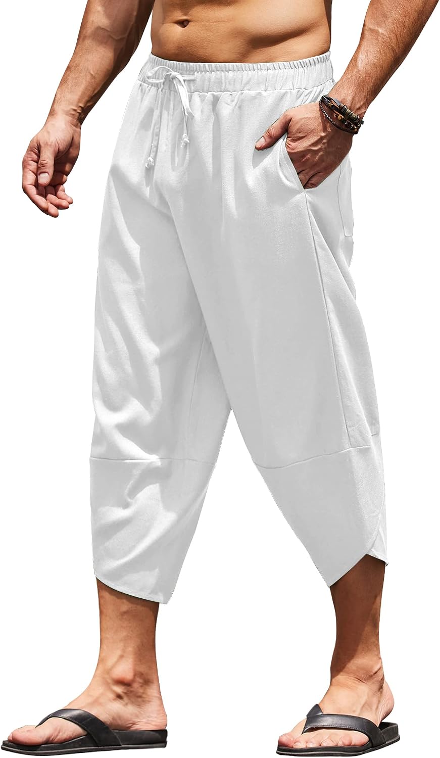 سعر ومواصفات COOFANDY Men's Linen Harem Capri Pants Lightweight Loose 3/4 Shorts Drawstring Elastic Waist Casual Beach Yoga Trousers (B08YN3NP34) على Amazon EG