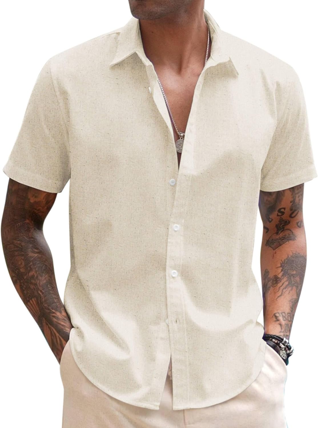 سعر ومواصفات COOFANDY Mens Cotton Button Down Short Sleeve Shirt Casual Summer Linen Beach Shirts (B0BKFXG8SG) على Amazon EG