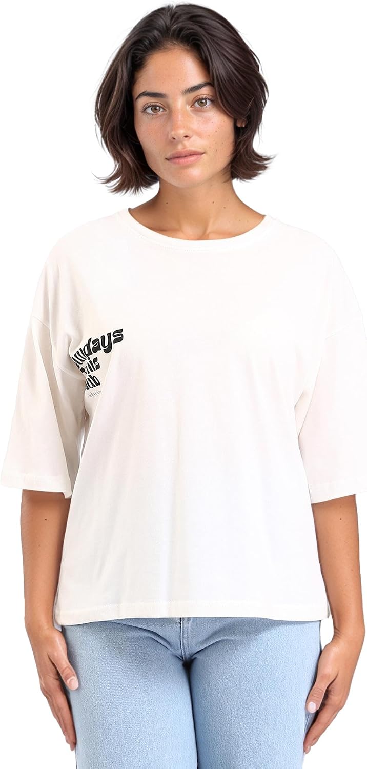 سعر ومواصفات Dsisskai Womens Elbow Sleeve Shirt Crew Neck Printed Cotton Tee - Off-white (B0CJNFCY5Q) على Amazon EG