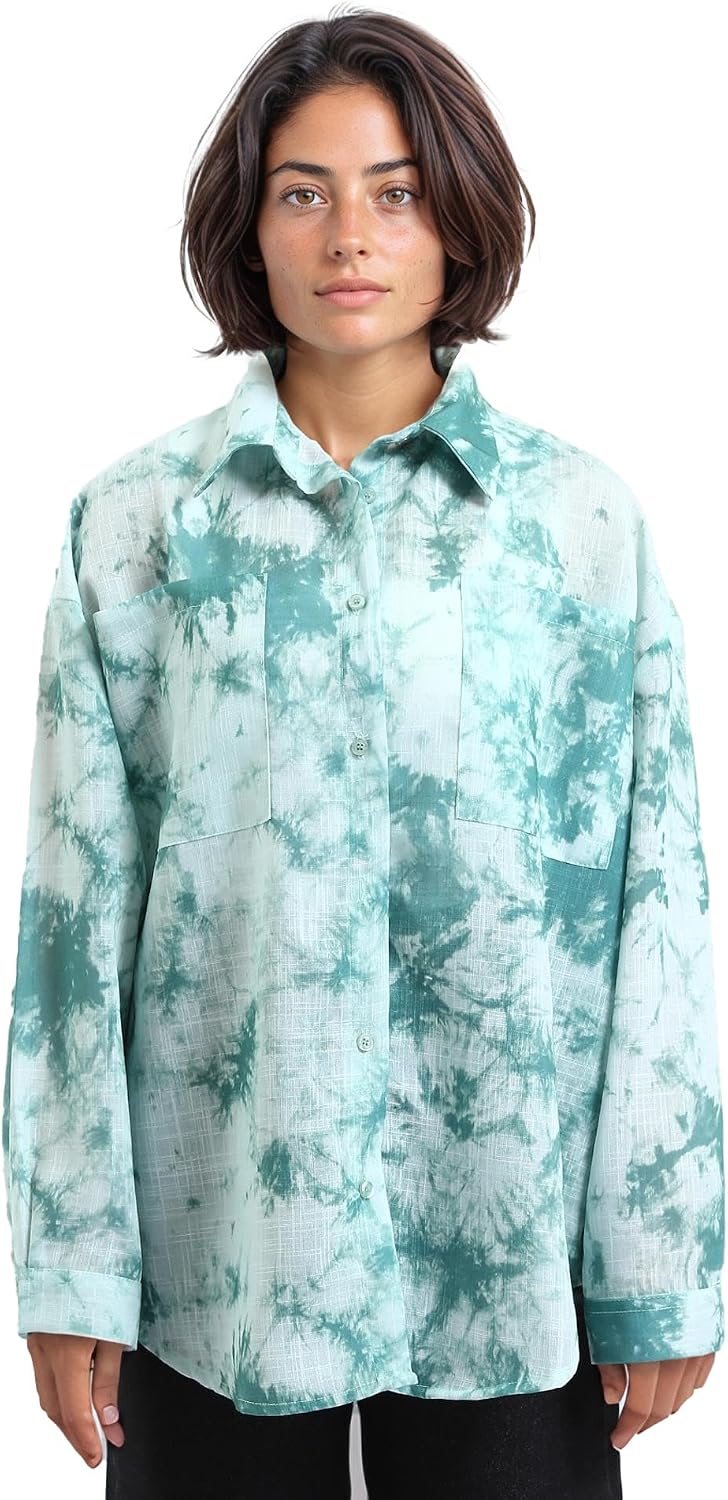 سعر ومواصفات Dsisskai Womens Long Sleeves Tie Dye Relaxed Shirt - Jade Green Modern (pack of 1) (B0CJNFZDWW) على Amazon EG