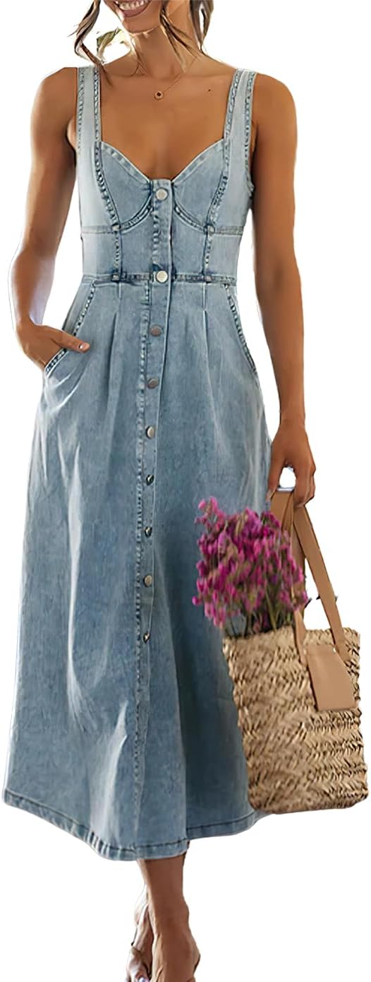سعر ومواصفات ebossy Stretchy Smocked Denim Dress for Women Sleeveless Babydoll Button Down Midi Long Jean Dresses (S, Light Blue) (B0D25Z12MS) على Amazon EG