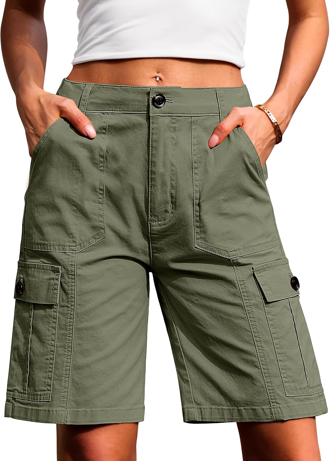 سعر ومواصفات Eddoyee Bermuda Cargo Shorts for Women Casual Long Knee Length High Waisted Stretch Wide Leg Relaxed Fit (B0F7WSLR7Z) على Amazon EG