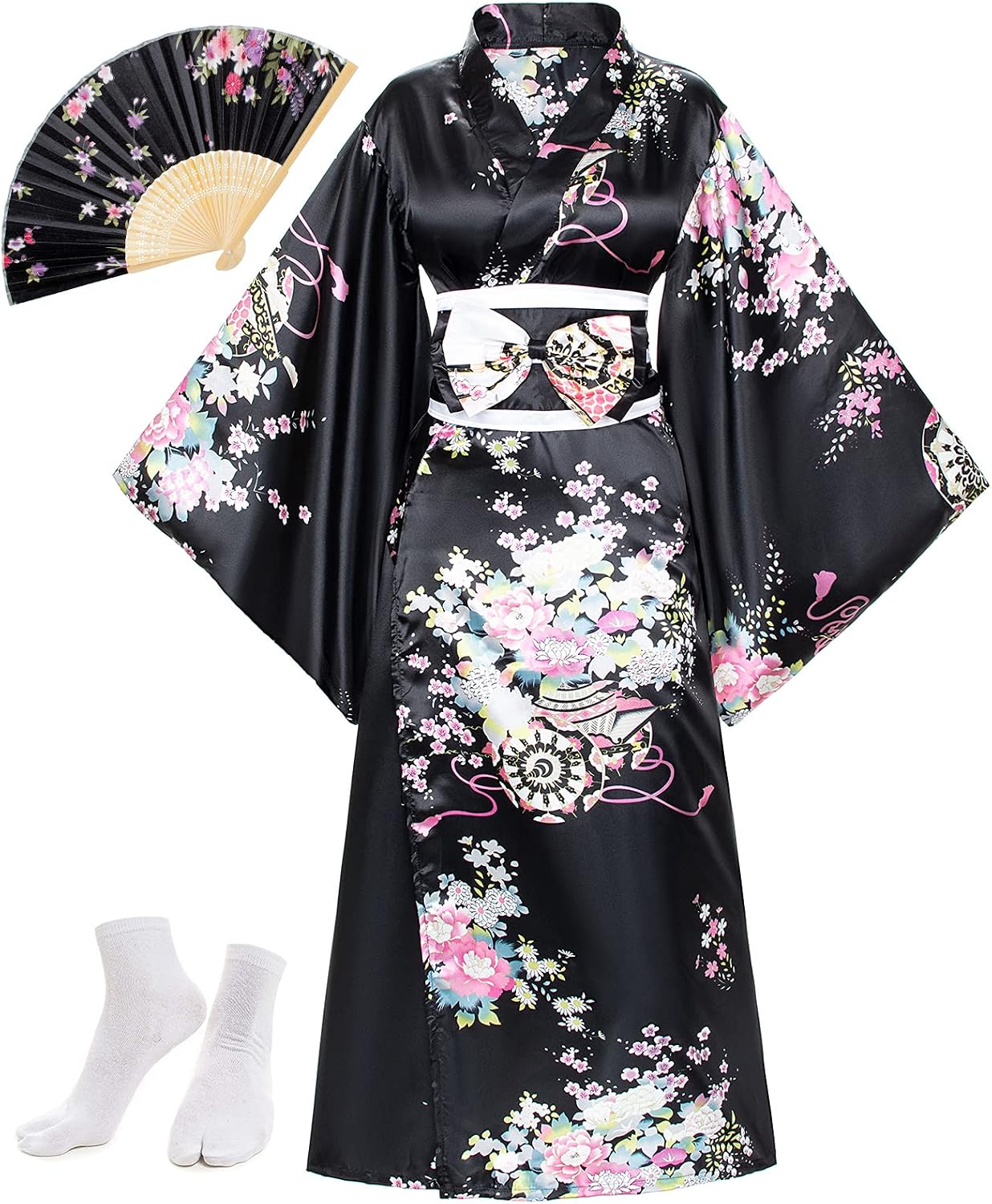 سعر ومواصفات Elibelle Japanese Anime Women's Kimono Robe Geisha Yukata Sweet Dress Blossom Satin Bathrobe Sleepwear Fans Tabi Socks set (B09FFCBCCR) على Amazon EG