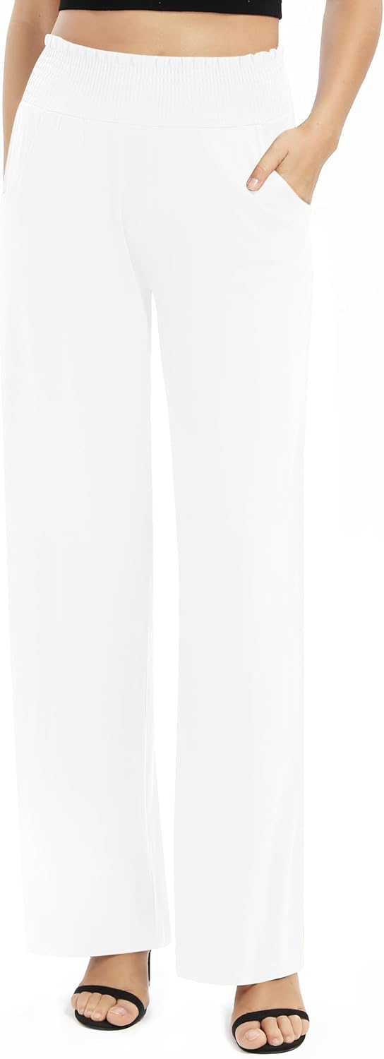 سعر ومواصفات EXCHIC Women's Plain Loose Straight Cut Palazzo Trousers, High Waist, Stretchy Lounge Trousers with Pockets (B0BBQ3Y597) على Amazon EG