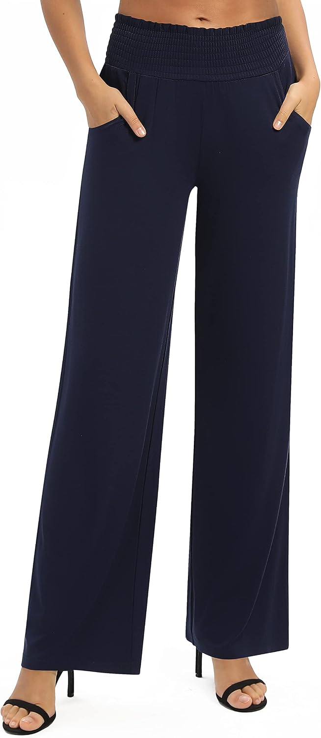 سعر ومواصفات EXCHIC Women's Plain Loose Straight Cut Palazzo Trousers, High Waist, Stretchy Lounge Trousers with Pockets (B0BBQ5Z3M8) على Amazon EG