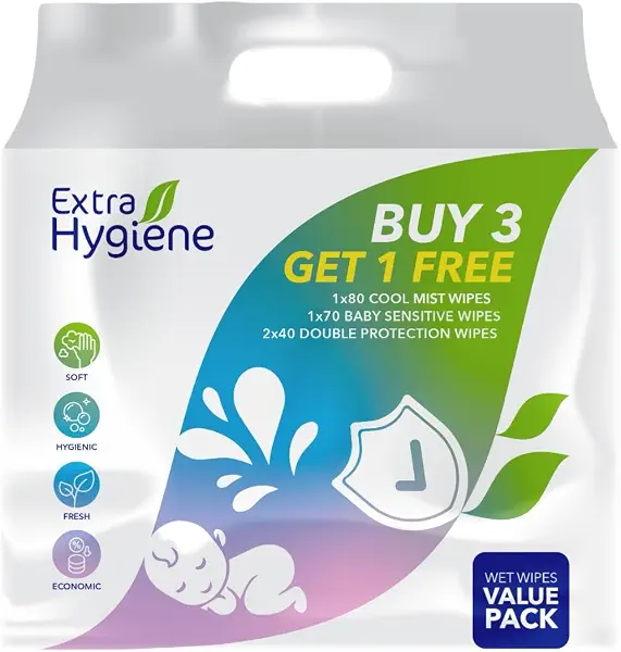 سعر ومواصفات Extra Hygiene Wet Wipes Mix Cool Mist,Sensitive Skin,Double Protection 230W (3+1FREE) (B0G2Y3FRSF) على Amazon EG