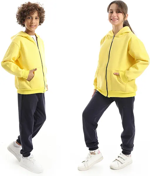 سعر ومواصفات Hooded Neck Zipped Girls and Boys Pants Set - Yellow & Dark Navy for Kids (B07NBJLV3D) على Amazon EG