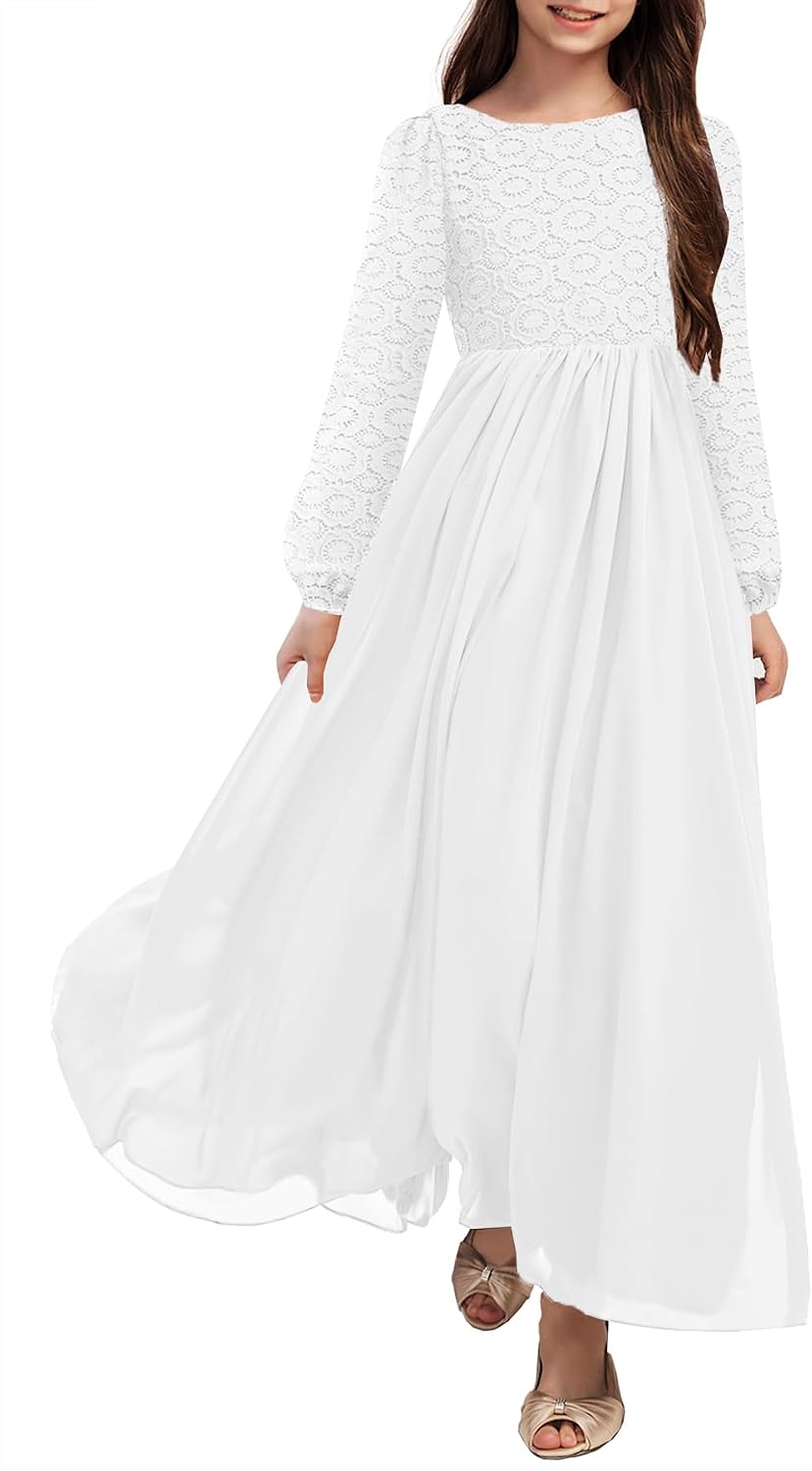 سعر ومواصفات HOSIKA Girls Long Sleeve Maxi Dress Vintage Chffion A-Line Formal Junior Bridesmaid Dresses for Fall Wedding Party (B0FL1TRJN5) على Amazon EG