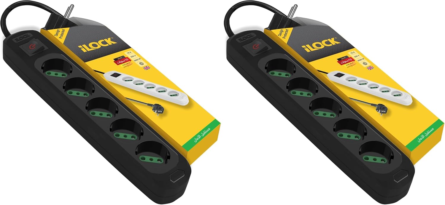 سعر ومواصفات ILOCK power strip, 5 outlets with switch, 3500W (Black, 1.5 m) (Pack of 2) (B0HLDY2STP) على Amazon EG