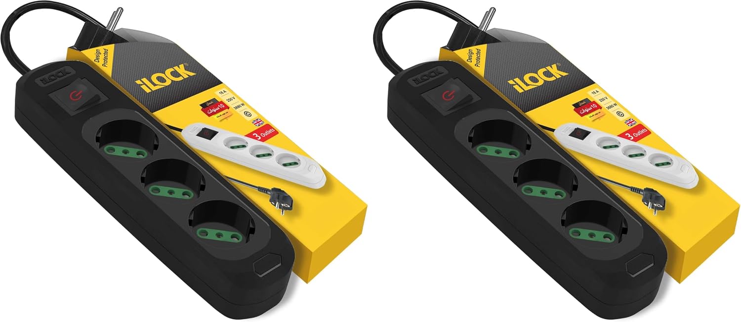 سعر ومواصفات ILOCK power strip, 3 outlets with switch, 3500W (Black, 3 m) (Pack of 2) (B0HLF25M4Q) على Amazon EG