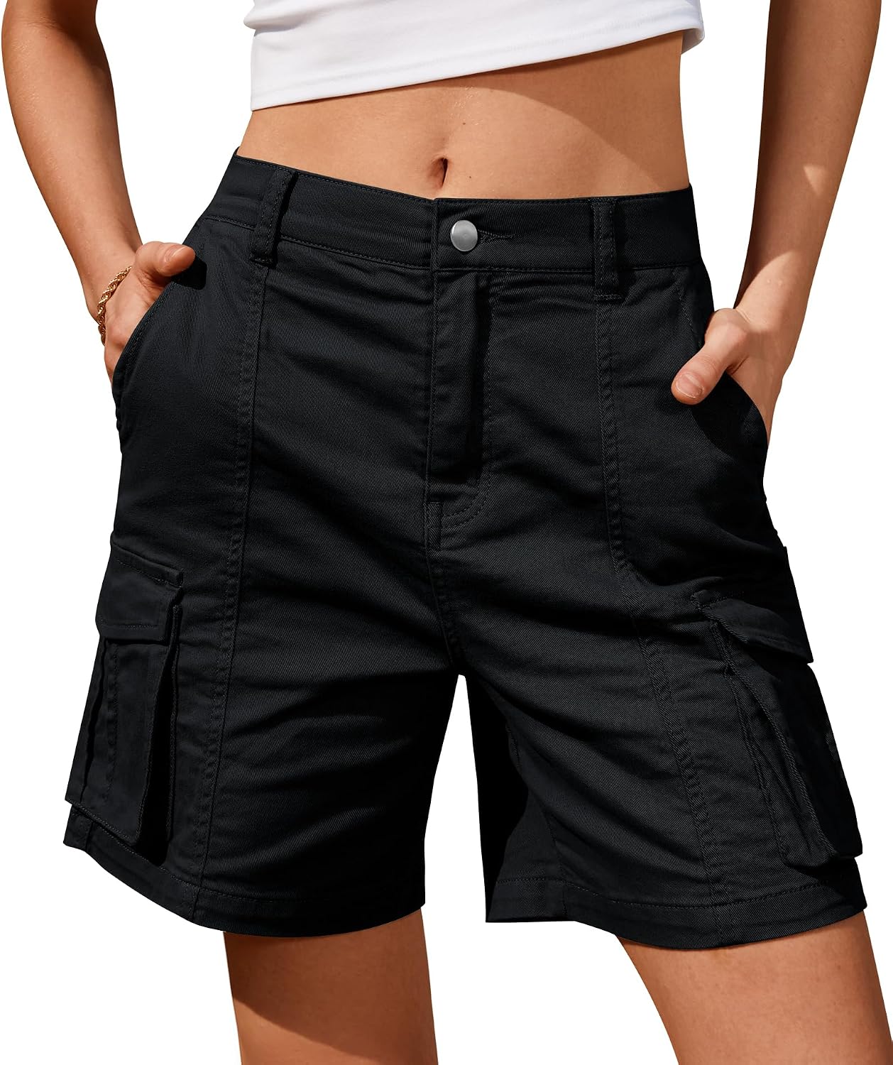 سعر ومواصفات IVIR Bermuda Shorts for Women Cargo Shorts Knee Length 6 Pockets Elastic Waist Long Shorts for Summer Casual (B0CR7LJB1X) على Amazon EG
