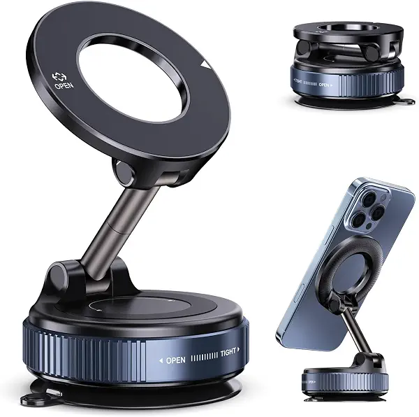 سعر ومواصفات Jikasho Vacuum Magnetic Suction Phone Holder, Foldable and Retractable Hands-Free Suction Cup Phone Mount for Car/Gym/Mirror/Smooth Surface, Compatible with iPhone Android and All Smartphones (Black) (B0DSHWLXG6) على Amazon EG