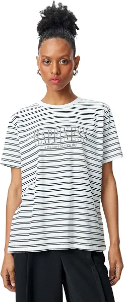 سعر ومواصفات KOTON Women's Cotton Crew Neck Short Sleeve Printed Stone Striped T-Shirt, Black Stripe (9S9) (B0DTB6RPSF) على Amazon EG