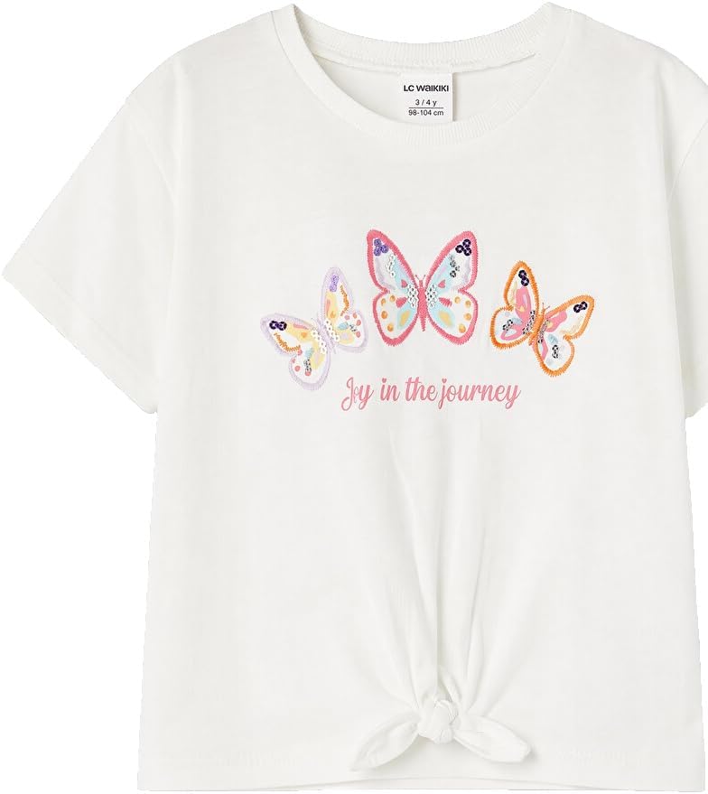 سعر ومواصفات LC WAIKIKI Crew Neck Printed Front Tie Girls' T-Shirt 6-7 Years White (B0HKSSPL11) على Amazon EG