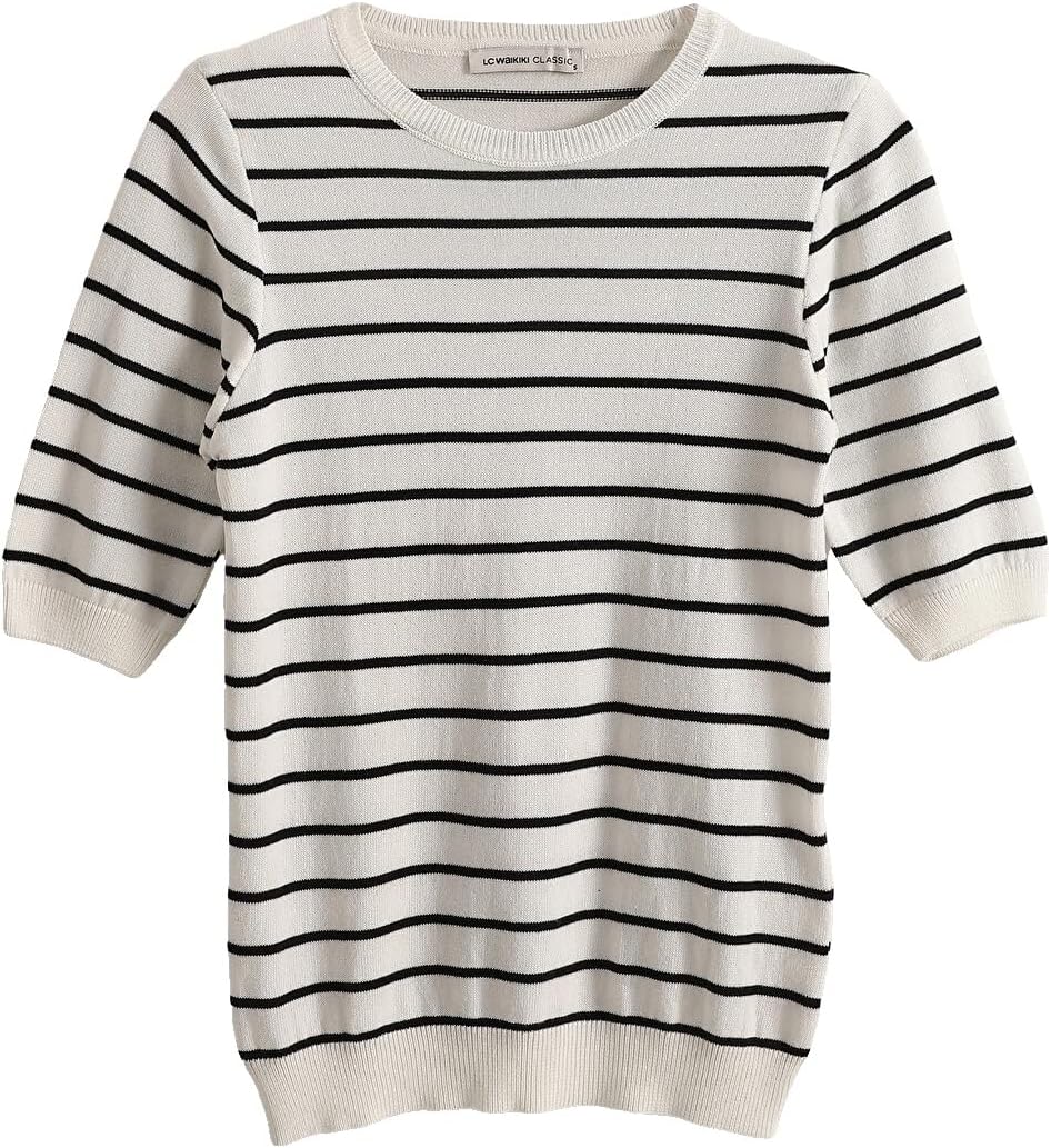 سعر ومواصفات LC WAIKIKI Crew Neck Striped Short Sleeve Women'S Knitwear Sweater M Black (B0HKSTHQKR) على Amazon EG