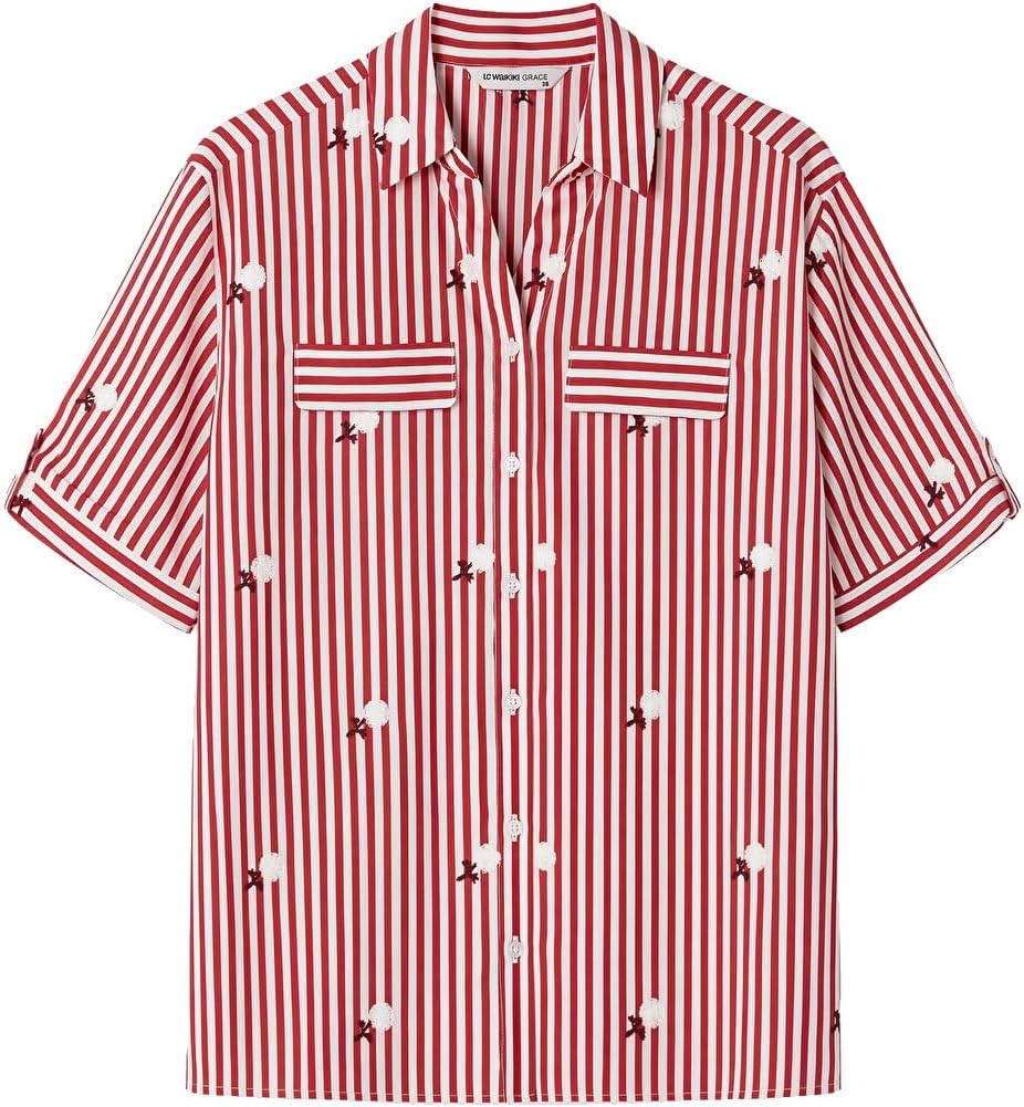سعر ومواصفات LC WAIKIKI Striped Embroidered Women'S Shirt 38 Red (B0HKSX73BR) على Amazon EG