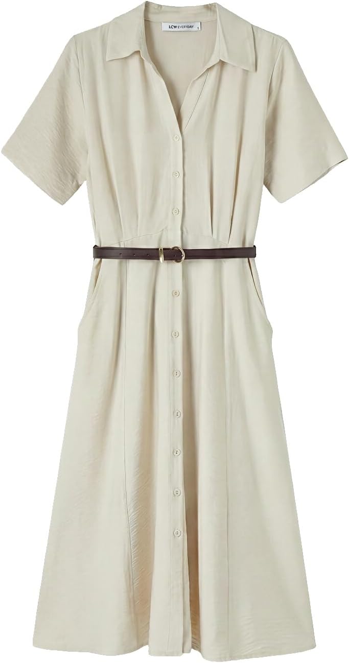 سعر ومواصفات LC WAIKIKI Waist Belted Shirt Dress 38 Beige (B0HKSQL1LX) على Amazon EG