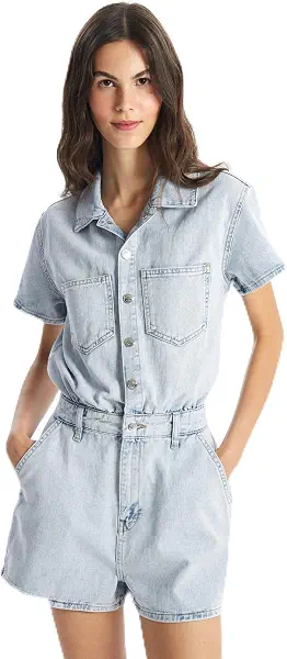 سعر ومواصفات LC واكيكي LC WAIKIKI Woman Collared Neck Plain Short Sleeve Women's Denim Jumpsuit (B0GYZYKVS2) على Amazon EG