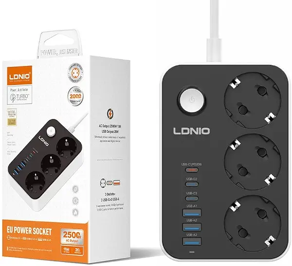 سعر ومواصفات LDNIO شريط طاقة SE3631C 20 واط بي دي مع 3 منافذ تيار متردد و6 منافذ USB، 2 متر (B0H8JNKDGM) على Amazon EG