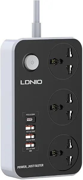 سعر ومواصفات LDNIO مشترك كهرباء SC3412 مع مقبس طاقة 3 طرق (4 منافذ USB 38 واط، شحن سريع USB-C) 2500 وات - متعدد الالوان (B094N38H7X) على Amazon EG