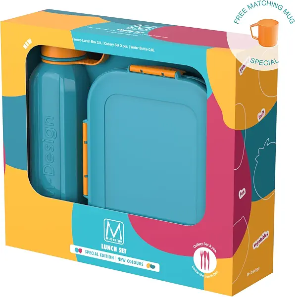 سعر ومواصفات M-Design — Fresco™ Lunch Set 2.1L — (2.1L Lunch Box, 0.8L Water Bottle & 3 Pieces Cutlery Set + FREE Mug) — Teal/Orange (B0FG2W1R1L) على Amazon EG