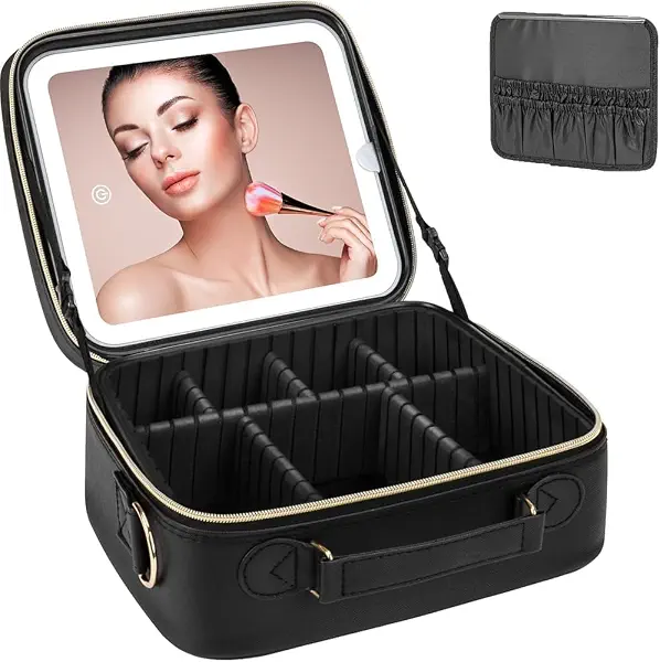 سعر ومواصفات Makeup bag organizer Travel Makeup Case with LED Mirror, Travel Cosmetic Case with 3 Light Modes, Adjustable Dividers, Waterproof Organizer Box with Brush Slots for Women and Girls, X-595 (Black) (B0GJQ481PB) على Amazon EG