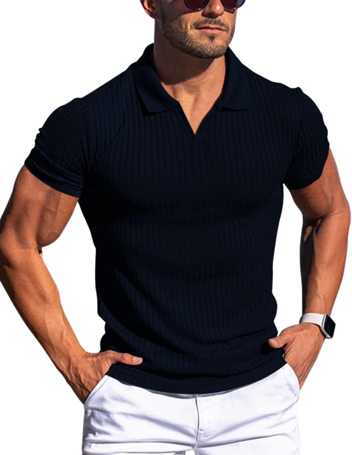 سعر ومواصفات Men's Muscle V Neck Polo Shirts Slim Fit Solid Short Sleeve Cotton Golf T-Shirts Striped Soft Tees, Navy Blue, S (B09YL1GWC4) على Amazon EG