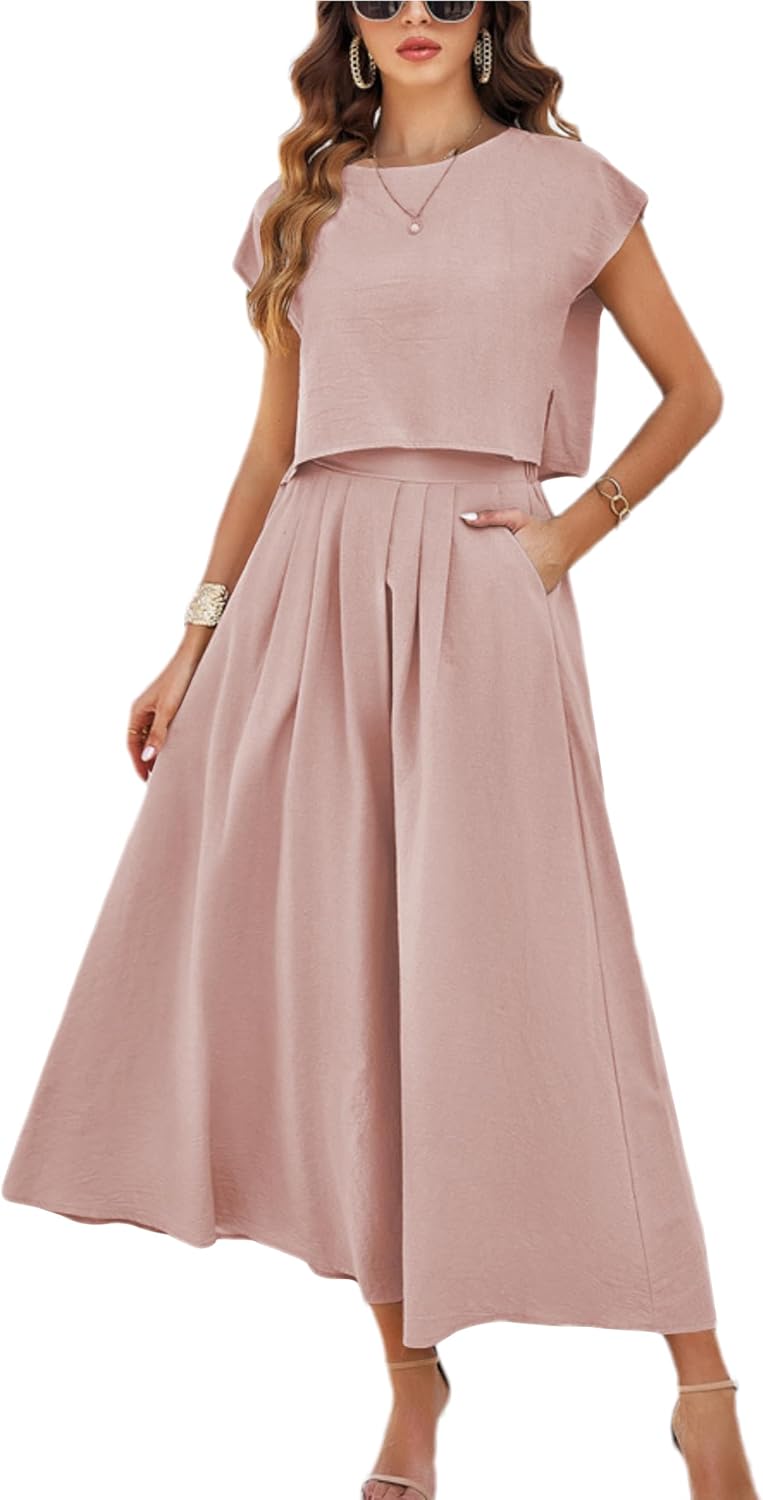سعر ومواصفات Mingzhu Women 2 Piece Dress Skirt Set Summer Casual Cap Sleeve Crop Top Maxi Dress Set with Pockets (B0F3CCRVT5) على Amazon EG