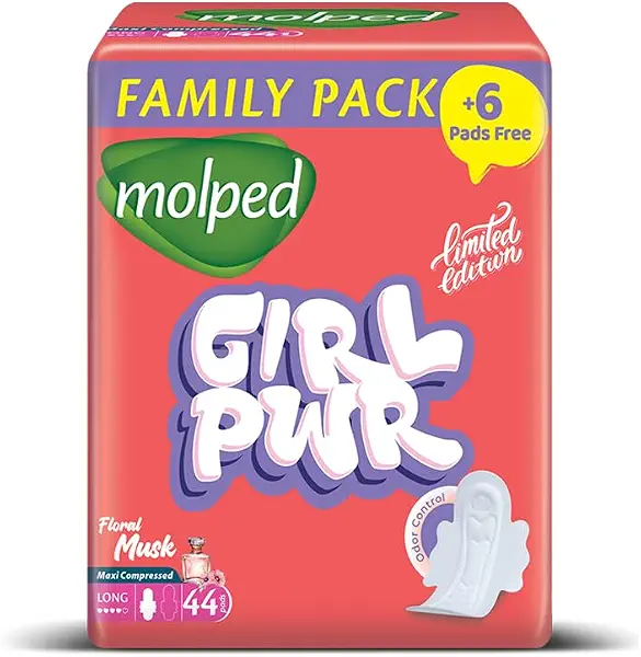 سعر ومواصفات Molped Girl Power Sanitary Pad, Long, Family Pack 44 Units, Cotton Material, Maxi Compressed, Floral Musk for Heavy Flow (B0D3RCLHFK) على Amazon EG