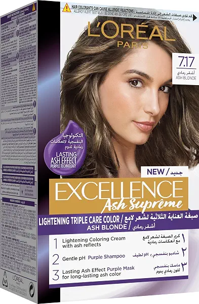 سعر ومواصفات L'Oreal Paris Excellence Ash Supreme Anti-Brass Permanent Hair Colour, 7.17 Ash Blonde, 250 ml (B0996JX2SZ) على Amazon EG