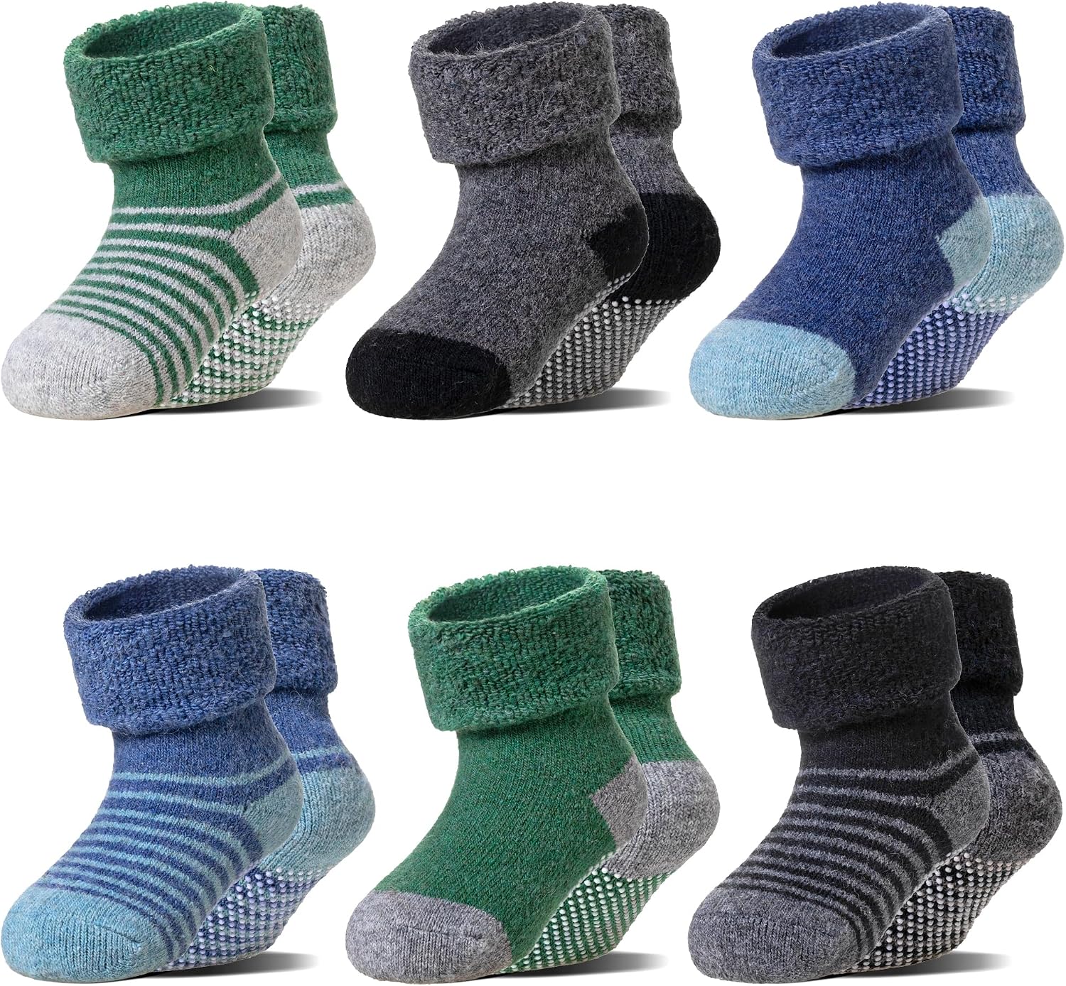 سعر ومواصفات 6 Pairs Baby Boy Girl Non Slip Socks Child Toddler Winter Thick Soft Wool Kids Warm Socks with Grips, Blue/Green Stripe, 3-5 Years (B0FSS717RT) على Amazon EG