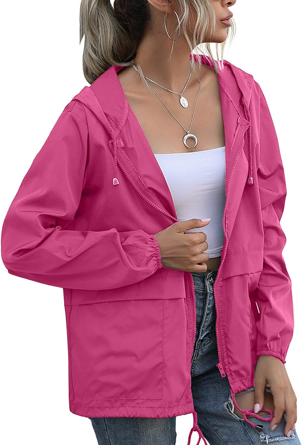 سعر ومواصفات PESION Womens Waterproof Raincoat Lightweight Rain Jacket Trench Coat Hooded Windbreaker With Pockets for Outdoor (B093F9RSZZ) على Amazon EG