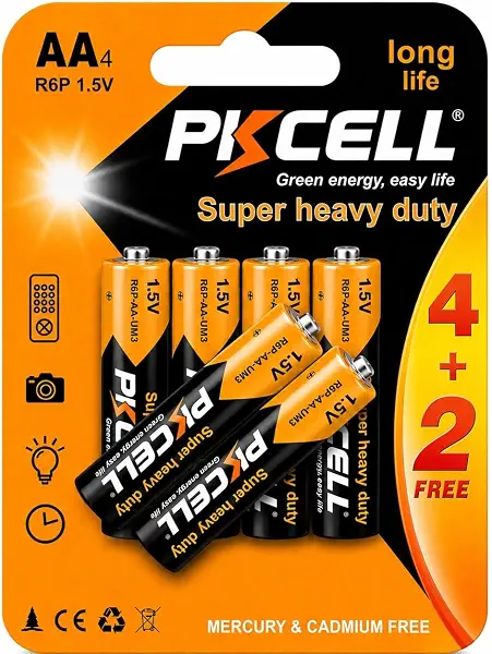 سعر ومواصفات PKCELL AA Super Heavy Duty Batteries 1.5V R6P Long Life Dry Cell Battery, Mercury & Cadmium Free, for Remote Controls, Clocks, Flashlights, Toys & Cameras, 6-Pack (4+2 Free) (B0HG9TBZWL) على Amazon EG