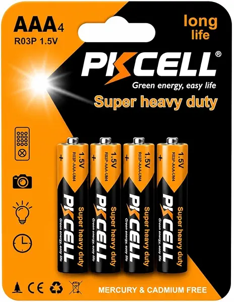 سعر ومواصفات PKCELL AAA Super Heavy Duty Batteries 1.5V R03P Long Life Dry Cell Battery, Mercury & Cadmium Free, for Remote Controls, Clocks, Flashlights & Cameras, 4-Pack (B0H9HT8N6G) على Amazon EG