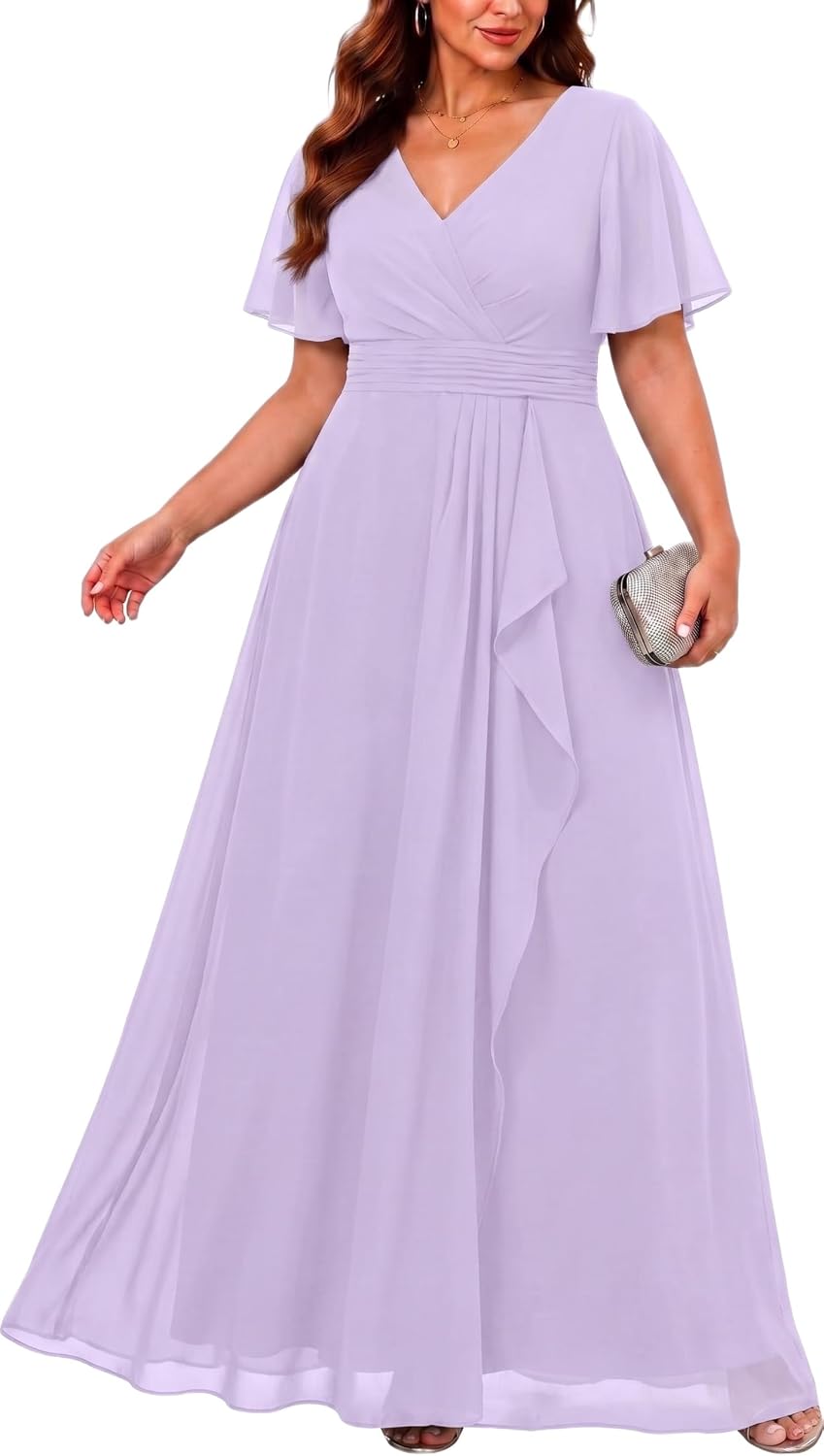 سعر ومواصفات Plus Size Formal Dress Wedding Guest Chiffon V Neck Ruffle Long Dress Women (B0F843FZCK) على Amazon EG