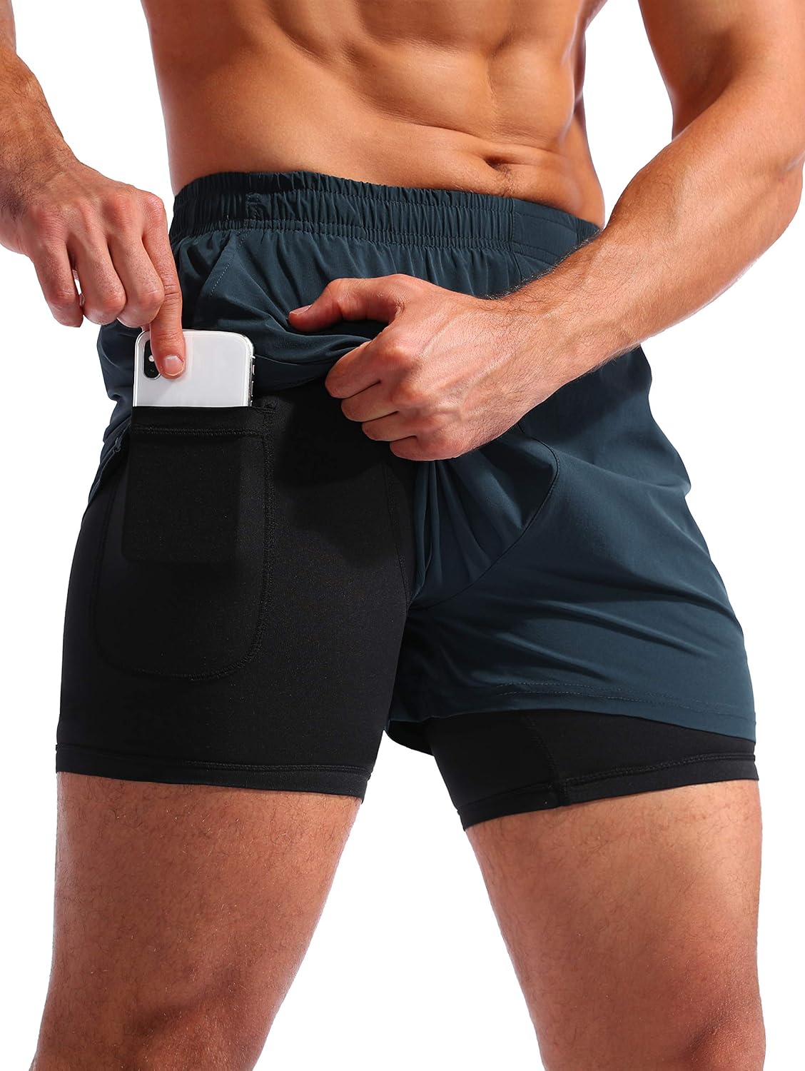 سعر ومواصفات Pudolla Men’s 2 in 1 Running Shorts 5" Quick Dry Gym Athletic Workout Shorts for Men with Phone Pockets (B08BNK78TS) على Amazon EG