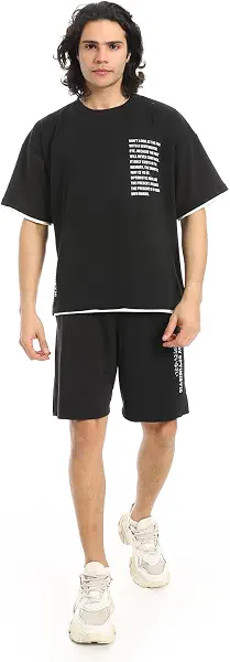سعر ومواصفات Red Circle Mens Printed Casual T-Shirt And Shorts Set - Black & White Slip On Printed T Shirt and Shorts Set (B0DZVH5218) على Amazon EG