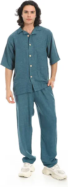 سعر ومواصفات Red Circle Mens Teal Blue Linen Turn Down Collar Shirt And Pants Set Shirt and Pants Set (B0DZVJ5BQL) على Amazon EG
