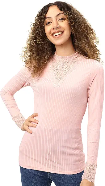 سعر ومواصفات REDTAG Womens Lace High Neck Ls Ribbed Jersey Top T-Shirt (B0B1YTGNQX) على Amazon EG
