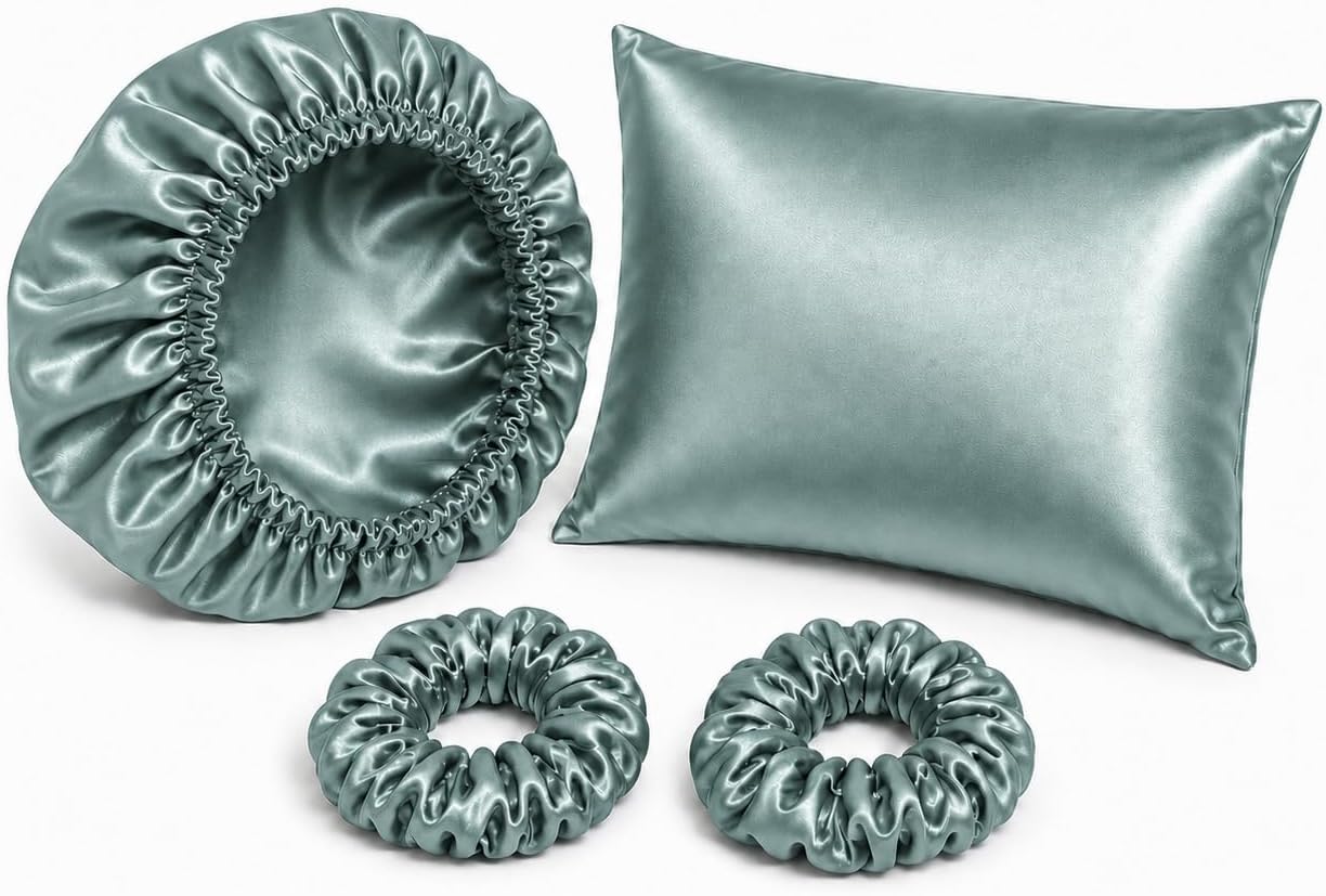 سعر ومواصفات Satin Hair Care Set 4 Pieces Pillow Case 70 * 45cm 2 Layers Sleeping Bonnet and 2 Soft Hair Ties Sleep Set Reduce Friction and Tangle (Mint Green) (B0HBR8X8Z5) على Amazon EG