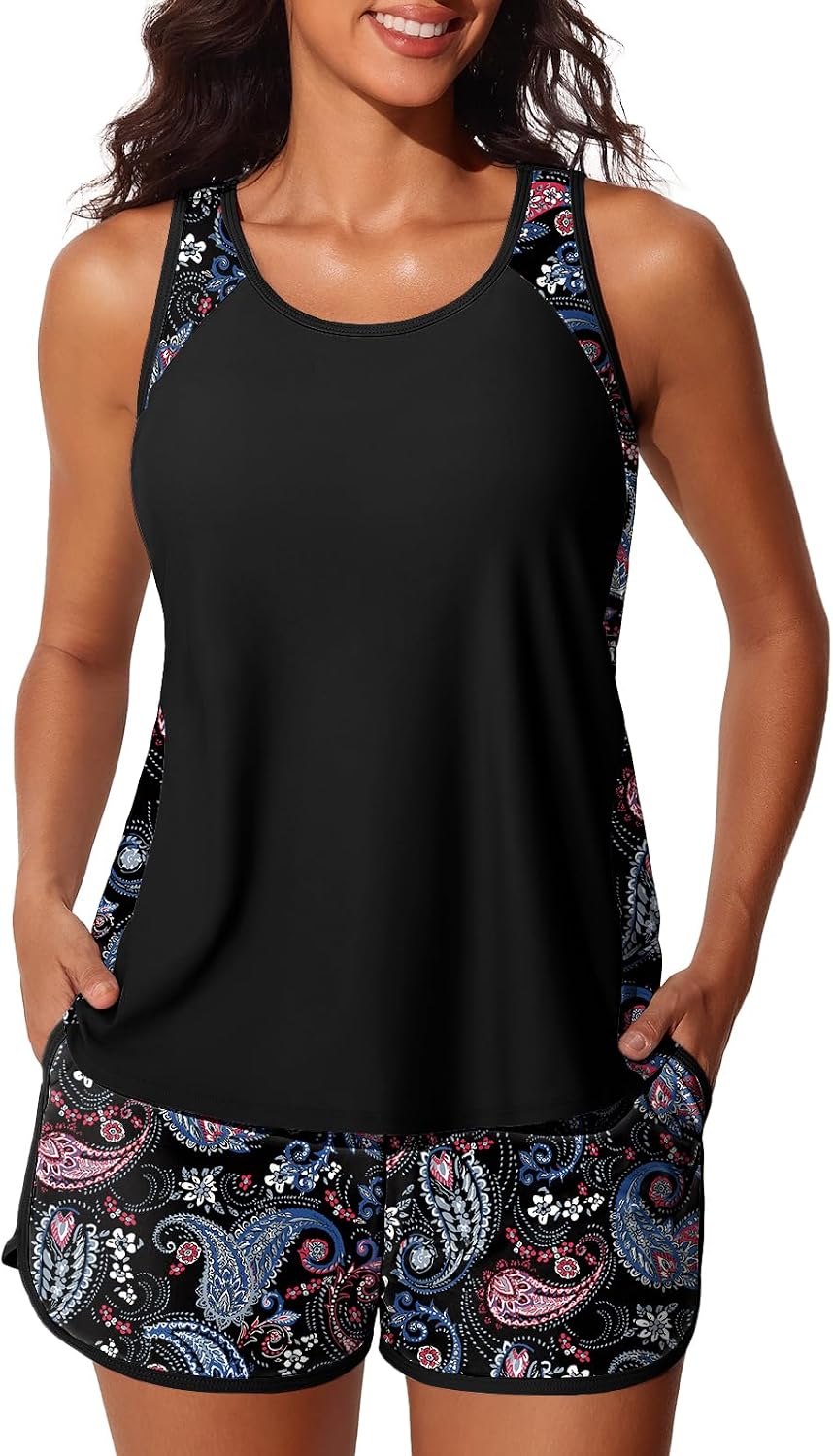 سعر ومواصفات Summer Mae Blouson Tankini Swimsuits for Women 2025 Tummy Control Two Piece Bathing Suits with Sporty Pockets Swim Shorts, Black Paisley, 16 (B0DSC6T44J) على Amazon EG