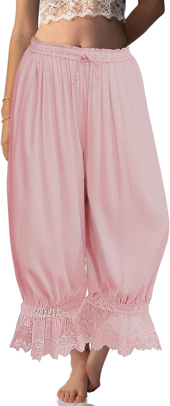 سعر ومواصفات TARSE Womens Linen Lace Trim Long Bloomers Pants with Pocket (B0FWQZMXLF) على Amazon EG