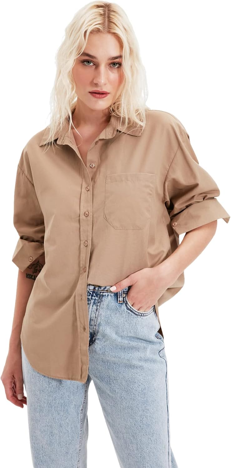 سعر ومواصفات Trendyol Women Single Pocket Boyfriend/Wide Fit Cotton Woven Shirt TWOAW20GO0115 Shirt (pack of 1) (B09RB87SF3) على Amazon EG