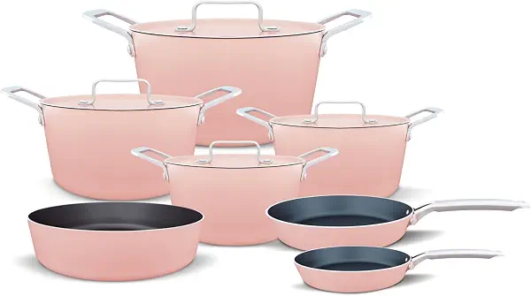 سعر ومواصفات Trueval Diamond 11-Piece Non-Stick Cookware Set – Pots 18cm/20cm/24cm/28cm 20&26 cm Frying Pan 26cm oven tray – Teflon Coating – Hollow Stainless Steel Handles – Pink (B0FNRFJ1S2) على Amazon EG